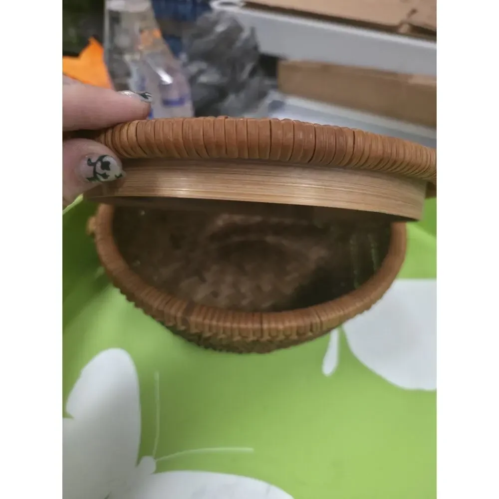 Vintage Handwoven Bamboo Basket with Lid Round Wicker Storage Container